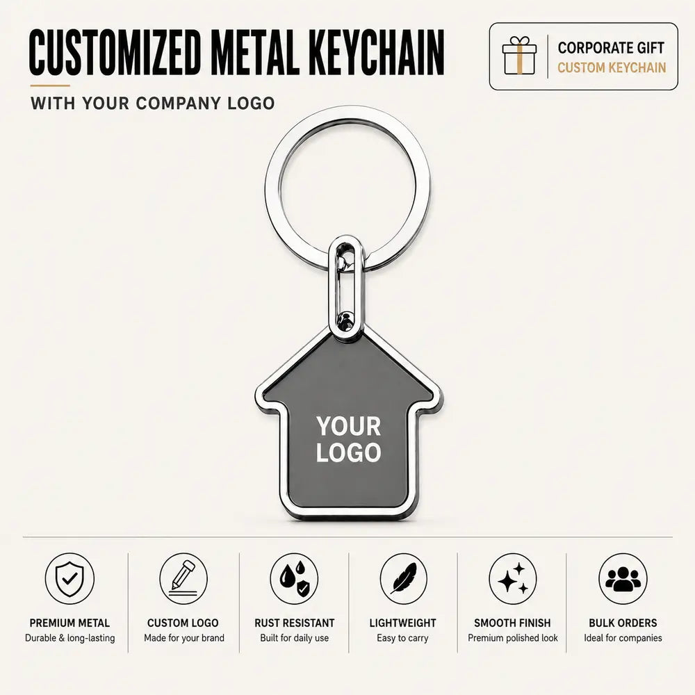 House-shaped custom metal keychain with company logo – Printe5