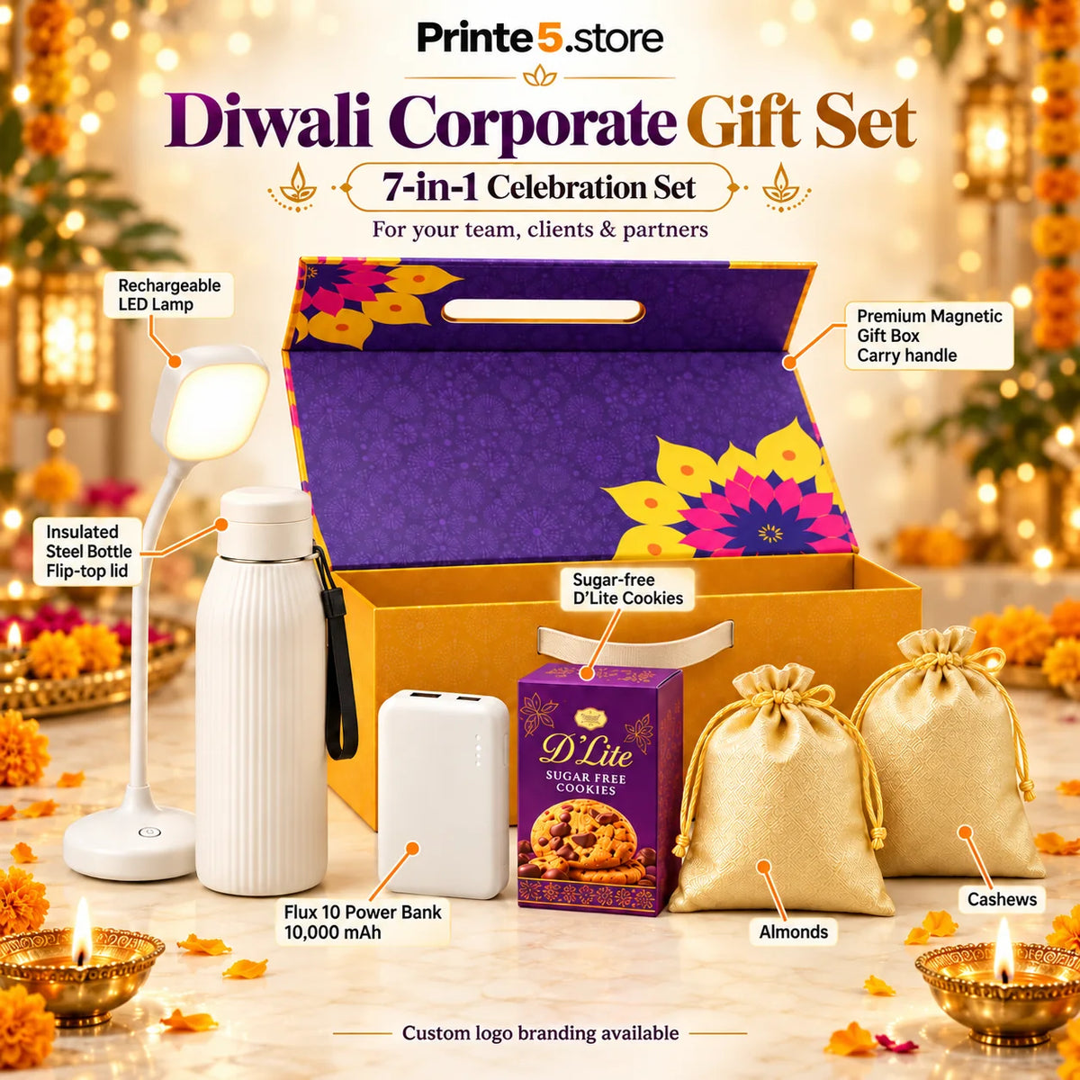 Printe5 Diwali gift set with lamp, bottle, power bank, D’Lite cookies, almonds, cashews and magnetic box