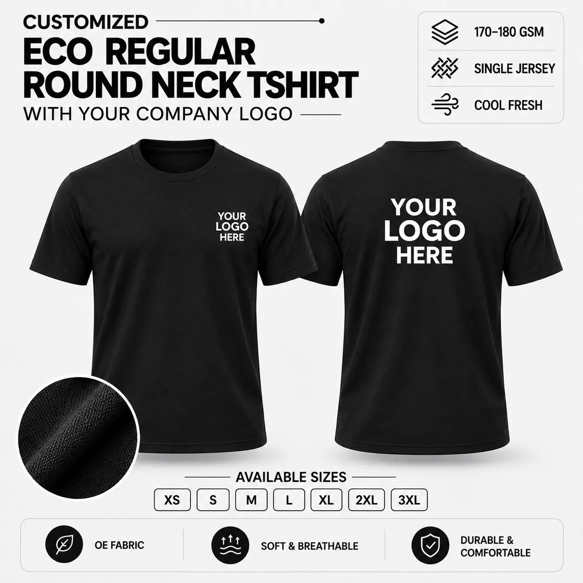 Custom Eco Regular Round Neck T-Shirt – 170–180 GSM - Black