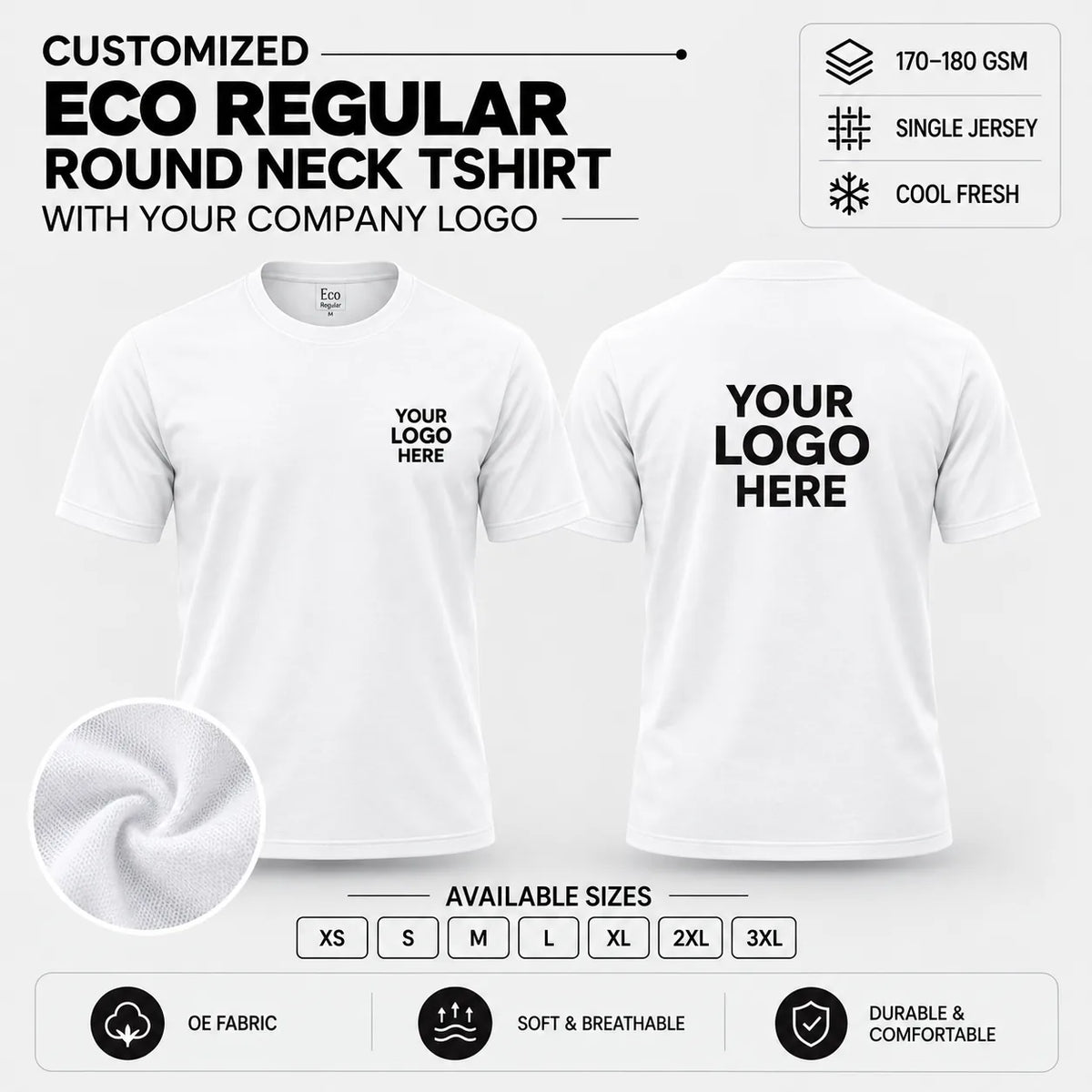 Custom Eco Regular Round Neck T-Shirt – 170–180 GSM - Bright White