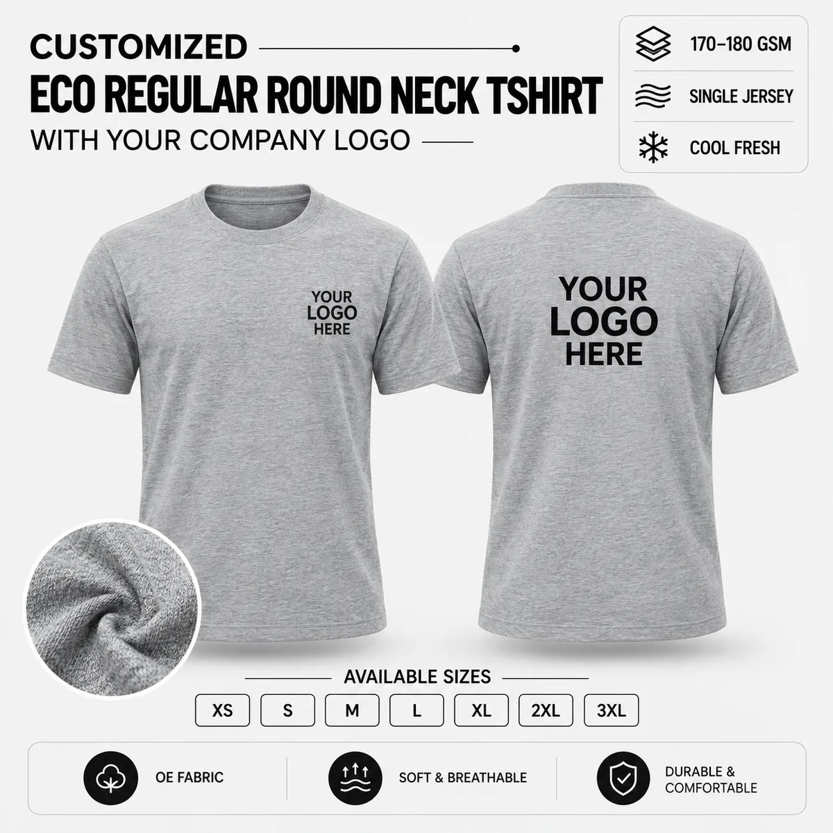 Custom Eco Regular Round Neck T-Shirt – 170–180 GSM - Grey Melange
