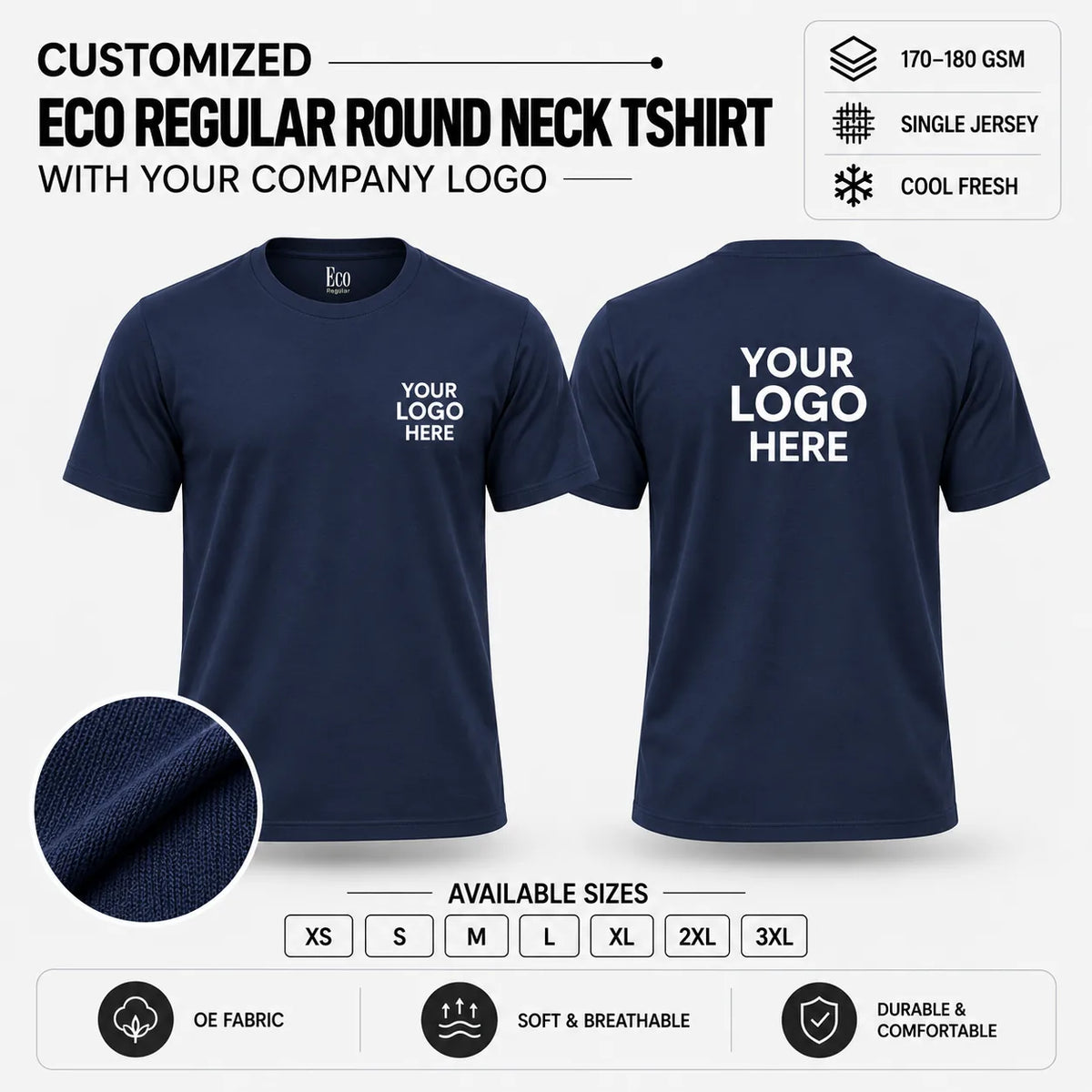 Custom Eco Regular Round Neck T-Shirt – 170–180 GSM - Navy