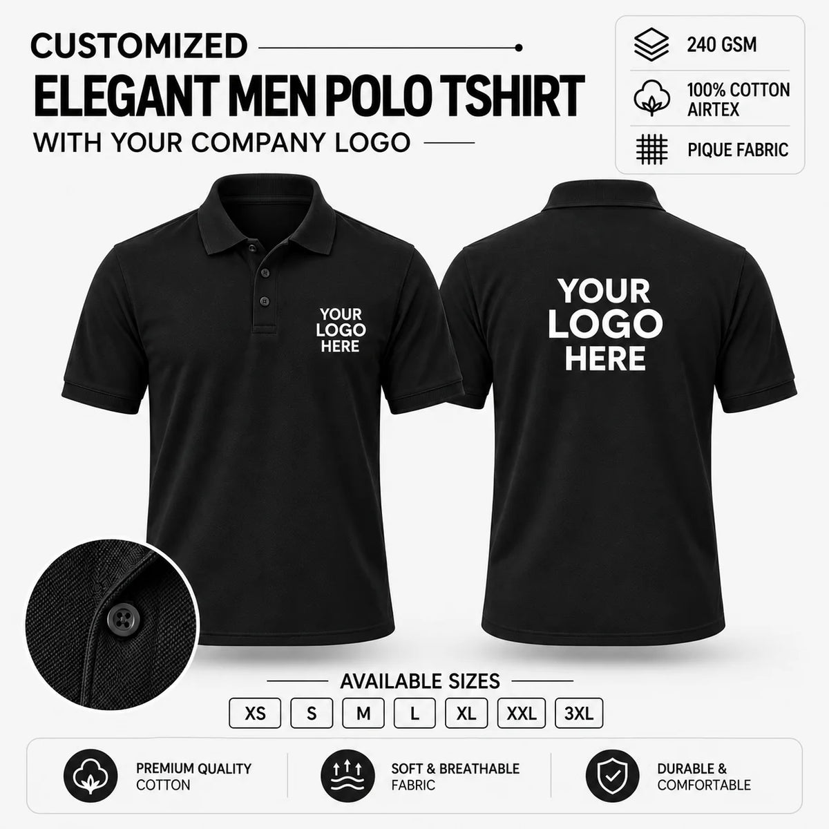 Custom Elegant Men Polo T-Shirt – 240 GSM - Black