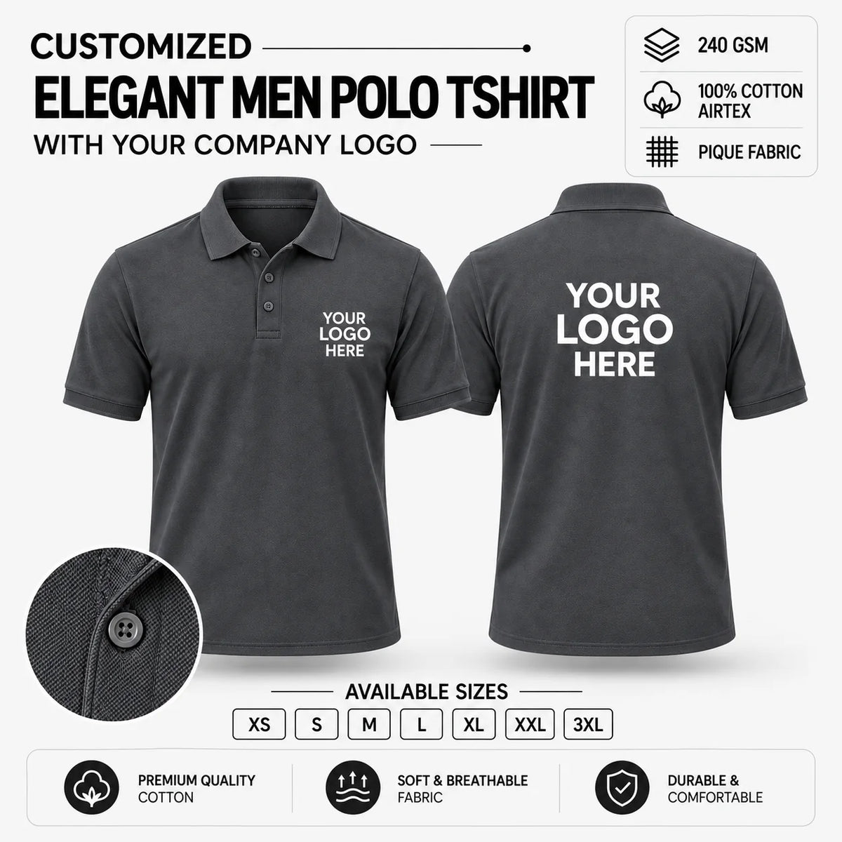 Custom Elegant Men Polo T-Shirt – 240 GSM - Charcoal Grey