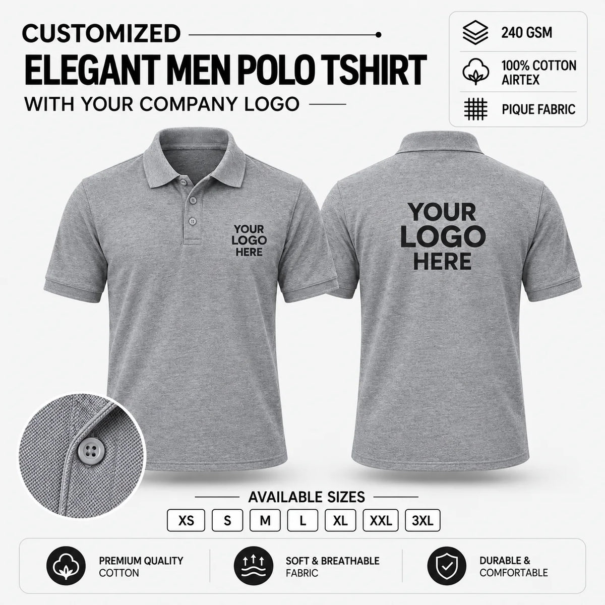 Custom Elegant Men Polo T-Shirt – 240 GSM - Grey Melange