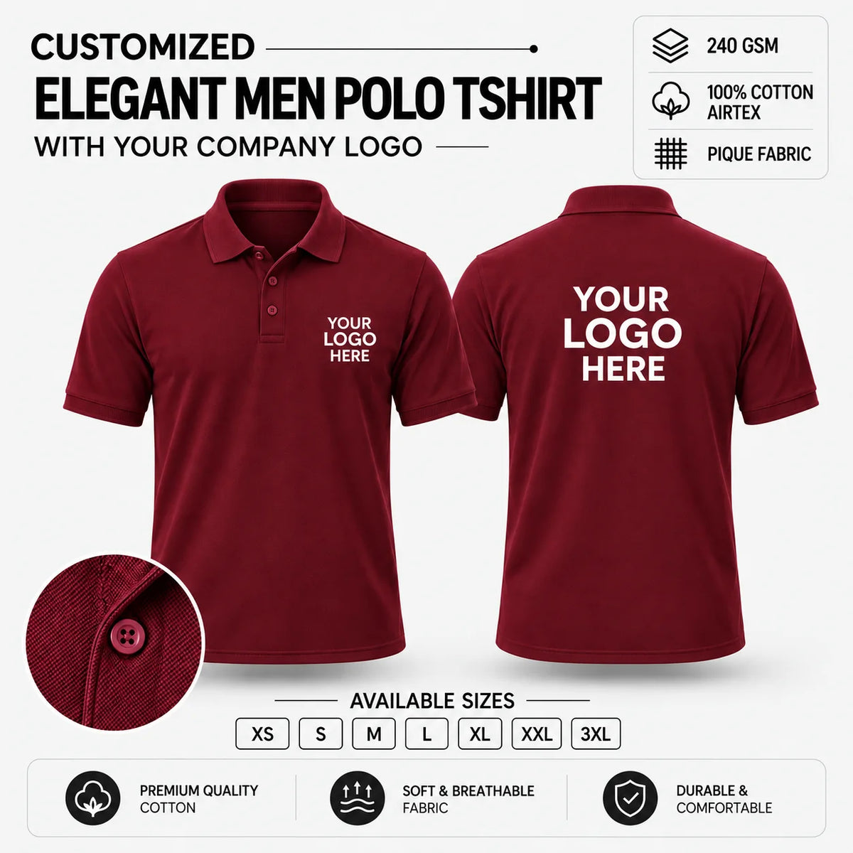 Custom Elegant Men Polo T-Shirt – 240 GSM - Maroon