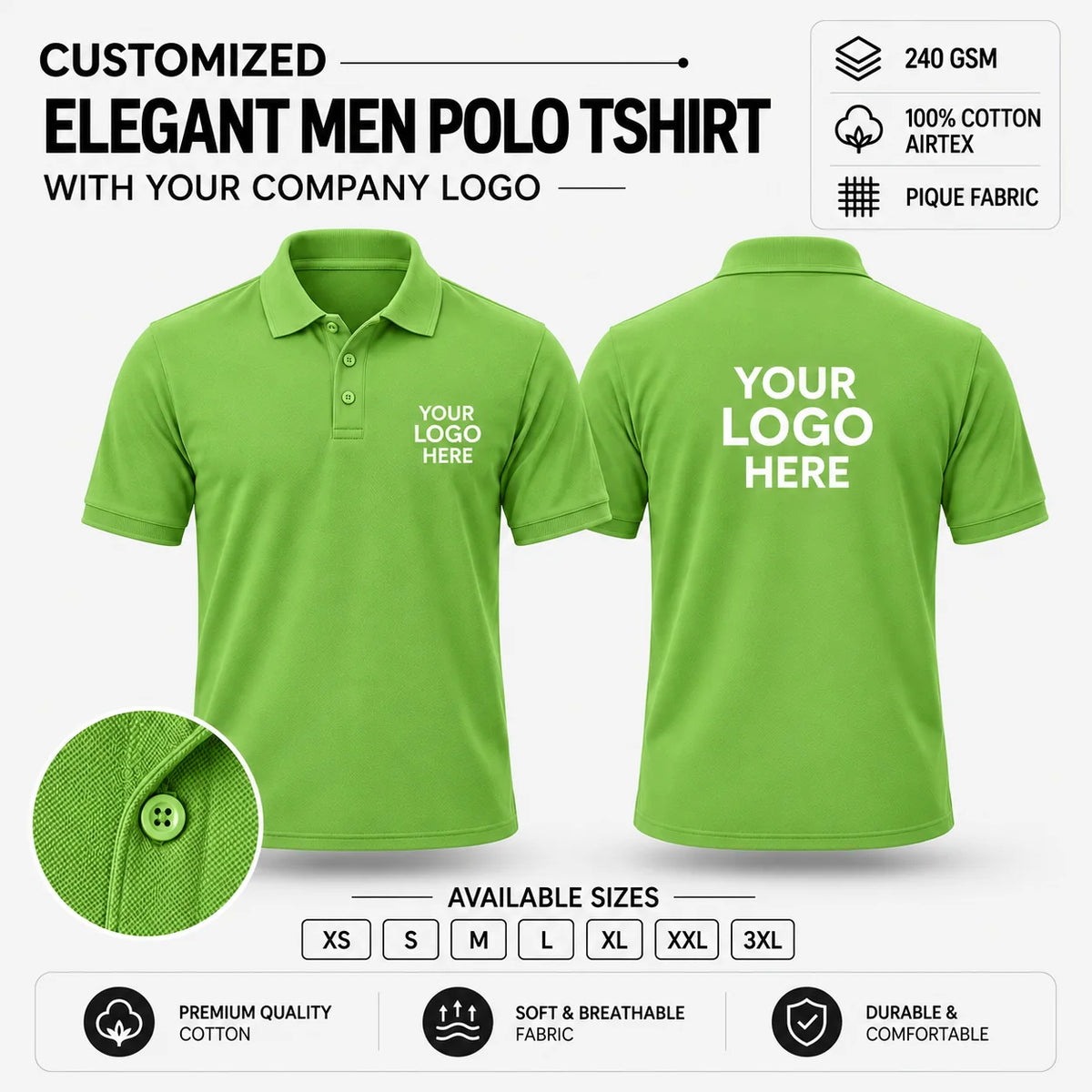 Custom Elegant Men Polo T-Shirt – 240 GSM - Parrot Green