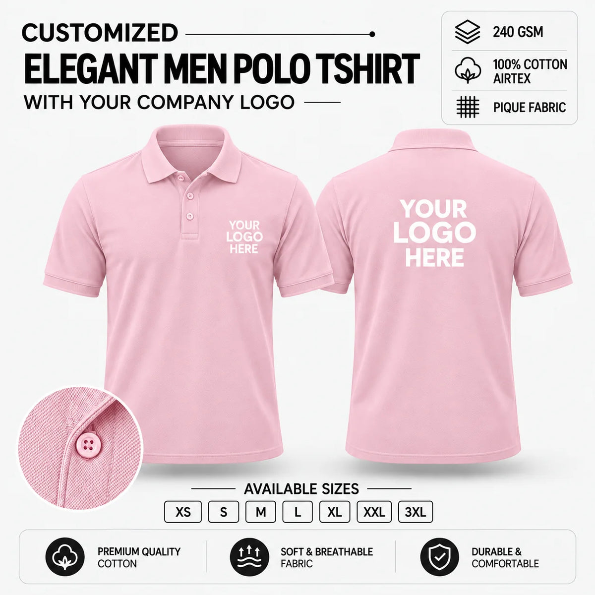 Custom Elegant Men Polo T-Shirt – 240 GSM - Pink