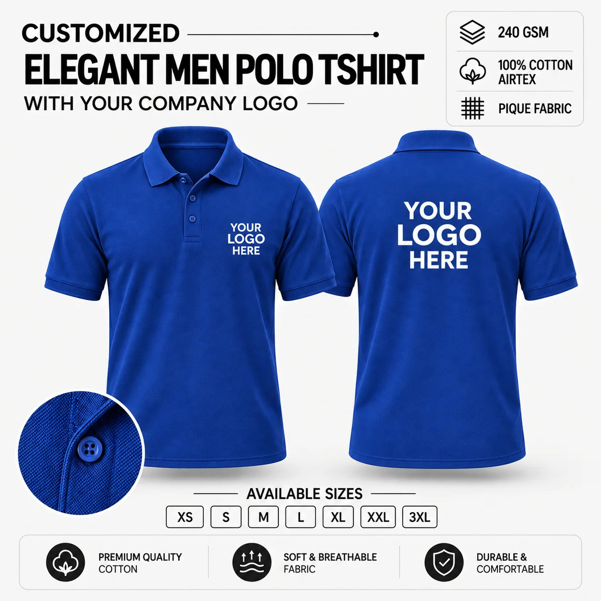 Custom Elegant Men Polo T-Shirt – 240 GSM - Royal Blue