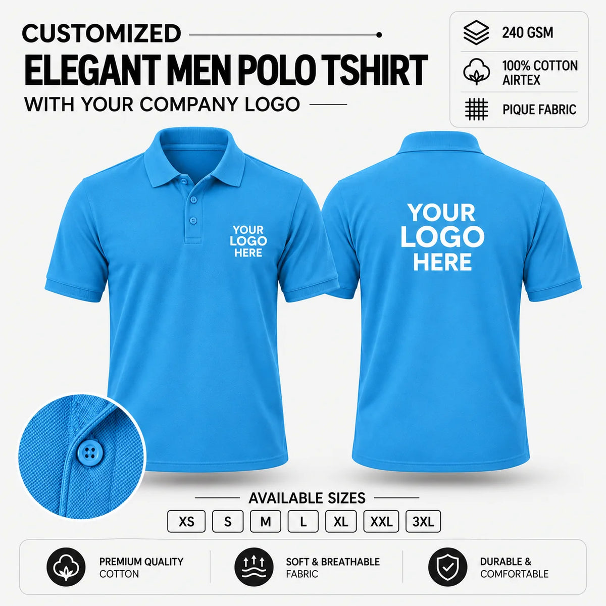 Custom Elegant Men Polo T-Shirt – 240 GSM - Sky Blue
