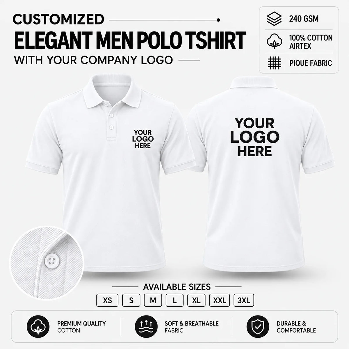Custom Elegant Men Polo T-Shirt – 240 GSM - White