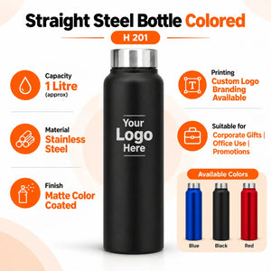 H201 straight steel water bottle Black, Printe5 logo laser engraving example and product details