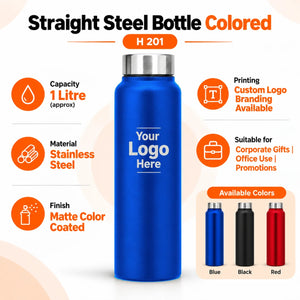 H201 straight steel water bottle Blue, Printe5 logo laser engraving example and product details