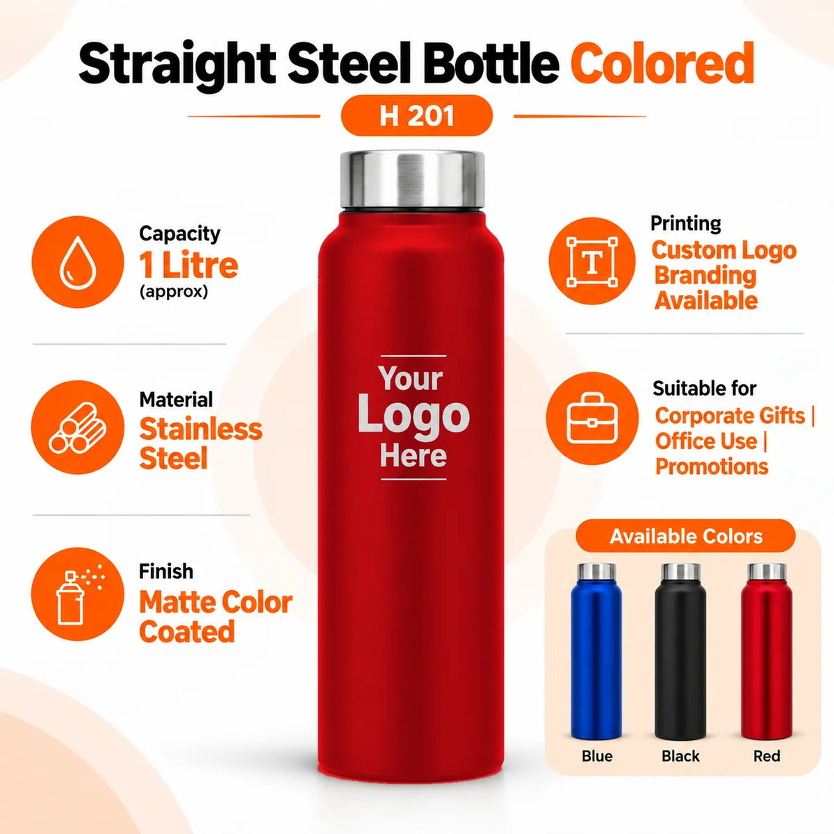 H201 straight steel water bottle Red, Printe5 logo laser engraving example and product details