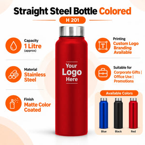 H201 straight steel water bottle Red, Printe5 logo laser engraving example and product details