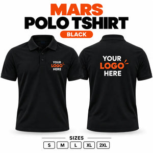 Printe5 Mars Performance 200 GSM polo T-shirt in Black, front and back with customizable logo