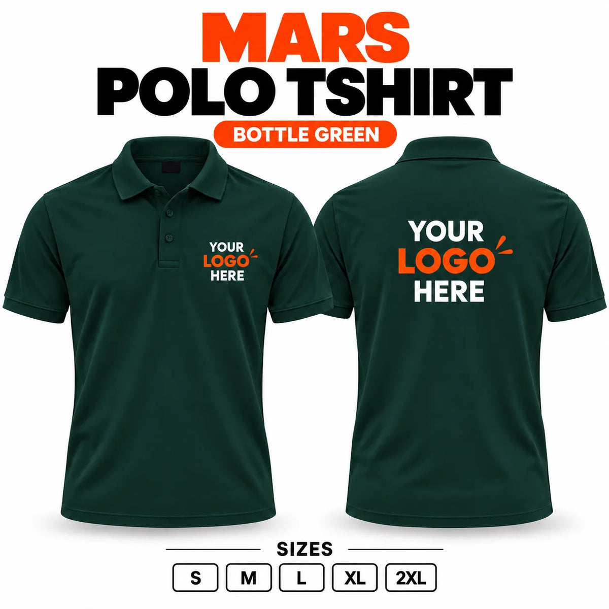 Printe5 Mars Performance 200 GSM polo T-shirt in Bottle Green, front and back with customizable logo