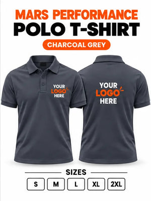 Printe5 Mars Performance 200 GSM polo T-shirt in Charcoal Grey, front and back with customizable logo