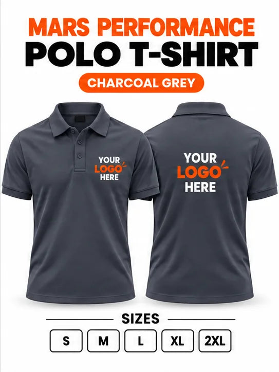 Printe5 Mars Performance 200 GSM polo T-shirt in Charcoal Grey, front and back with customizable logo