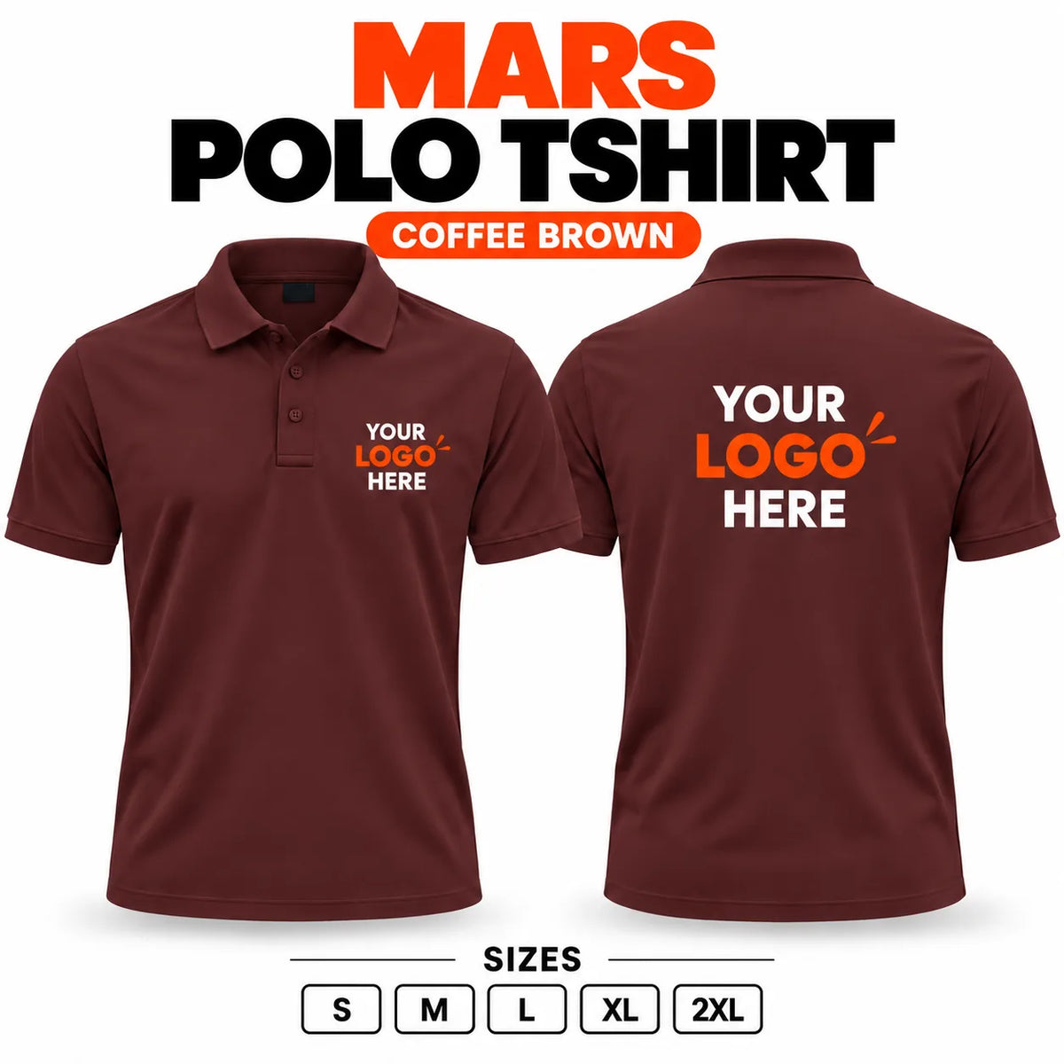 Printe5 Mars Performance 200 GSM polo T-shirt in Coffee Brown, front and back with customizable logo