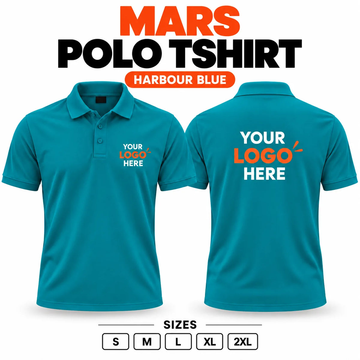 Printe5 Mars Performance 200 GSM polo T-shirt in Harbour Blue, front and back with customizable logo