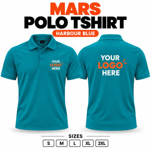 Printe5 Mars Performance 200 GSM polo T-shirt in Harbour Blue, front and back with customizable logo
