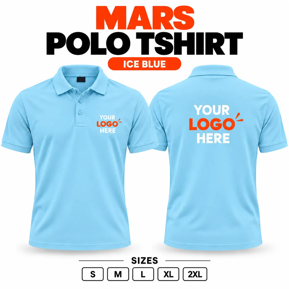 Printe5 Mars Performance 200 GSM polo T-shirt in Ice Blue, front and back with customizable logo