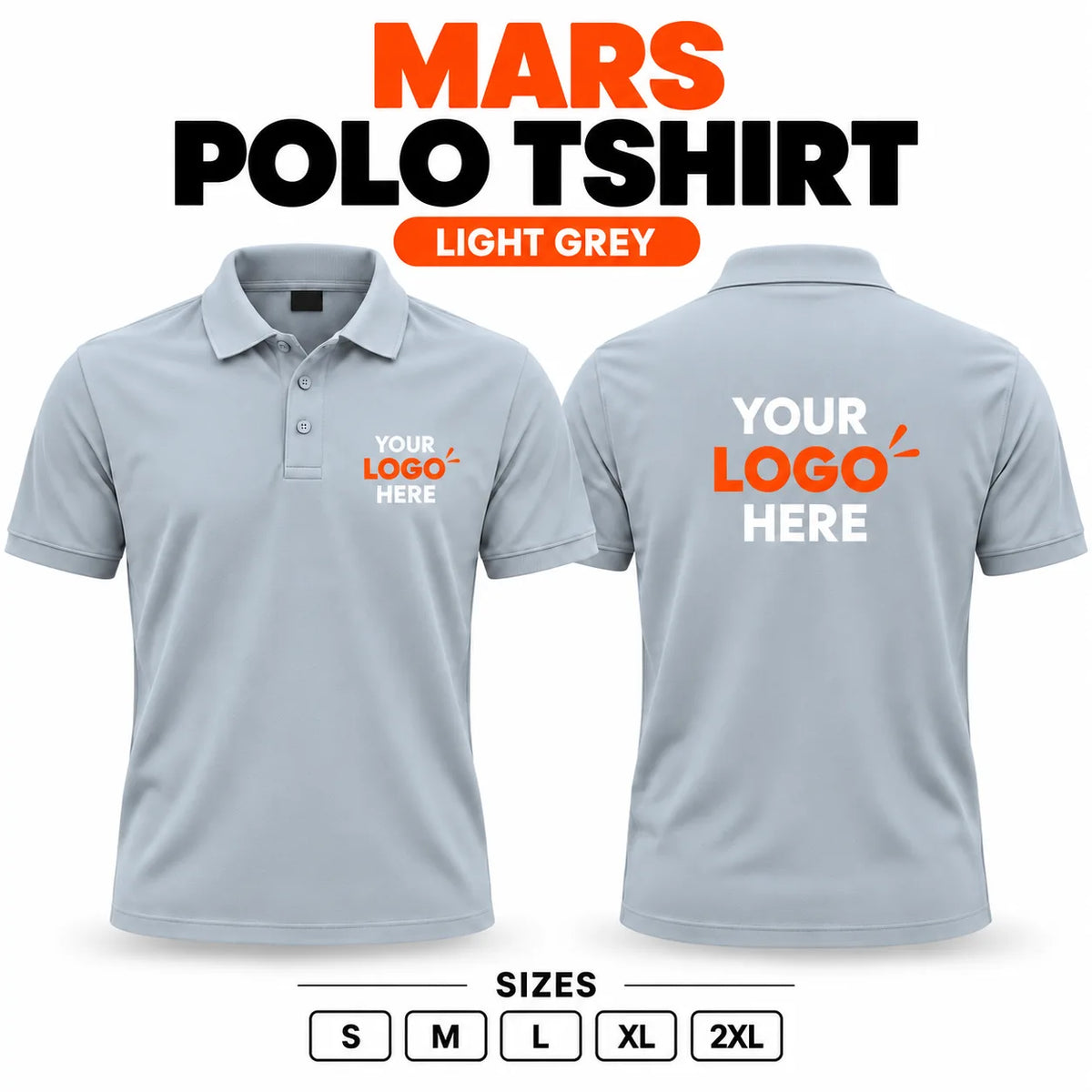 Printe5 Mars Performance 200 GSM polo T-shirt in Light Grey, front and back with customizable logo