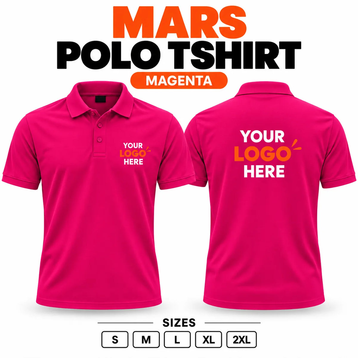 Printe5 Mars Performance 200 GSM polo T-shirt in Magenta, front and back with customizable logo
