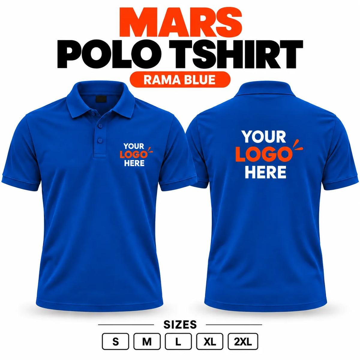 Printe5 Mars Performance 200 GSM polo T-shirt in Rama Blue, front and back with customizable logo