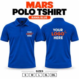 Printe5 Mars Performance 200 GSM polo T-shirt in Rama Blue, front and back with customizable logo