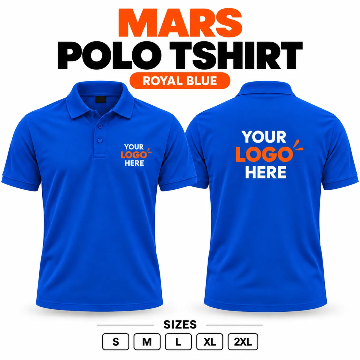 Printe5 Mars Performance 200 GSM polo T-shirt in Royal Blue, front and back with customizable logo