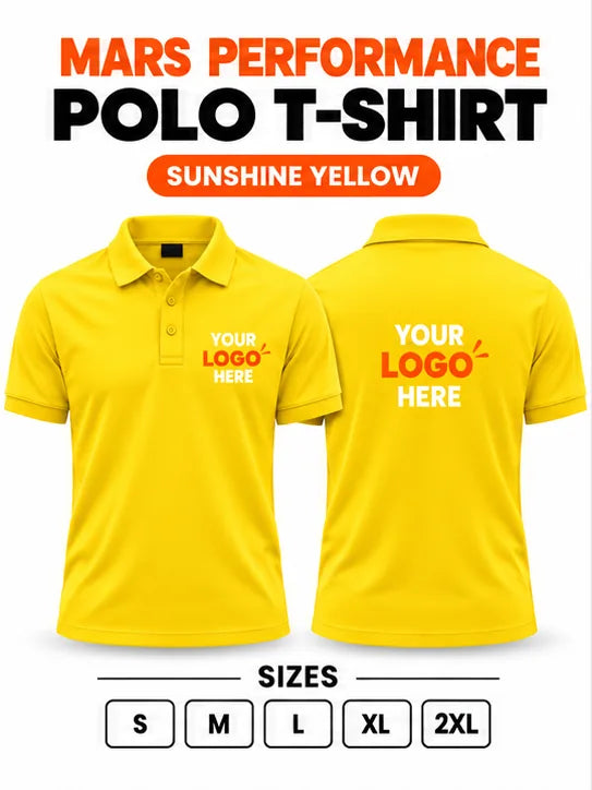 Printe5 Mars Performance 200 GSM polo T-shirt in Sunshine Yellow, front and back with customizable logo