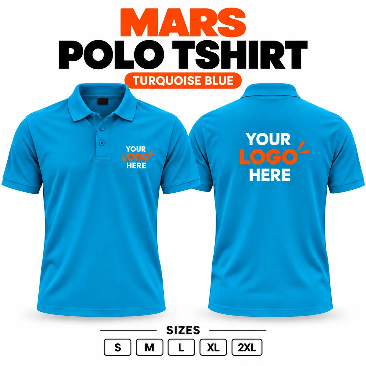 Printe5 Mars Performance 200 GSM polo T-shirt in Turquoise Blue, front and back with customizable logo