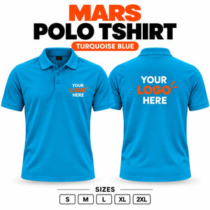 Printe5 Mars Performance 200 GSM polo T-shirt in Turquoise Blue, front and back with customizable logo