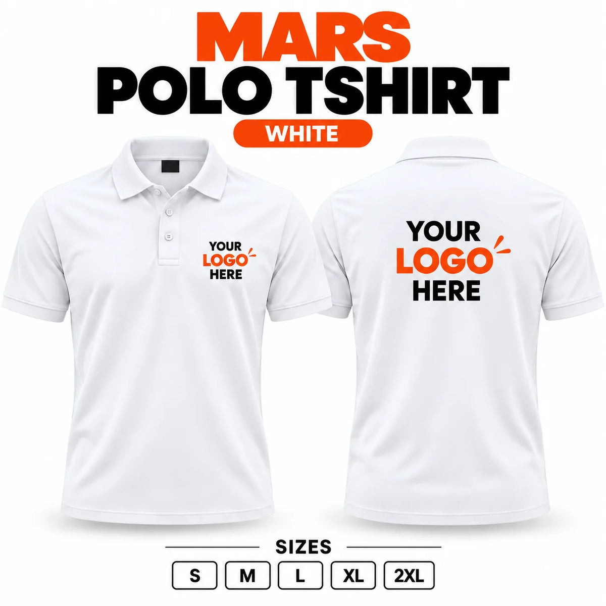 Printe5 Mars Performance 200 GSM polo T-shirt in White, front and back with customizable logo