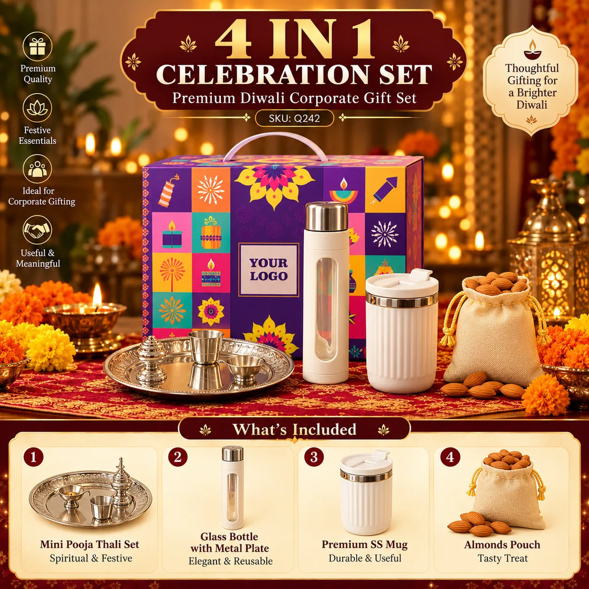 4-in-1 Custom Corporate Diwali Gift Set with Pooja Thali, Bottle & Mug - custom corporate gifts by Printe5 - SKU Q242