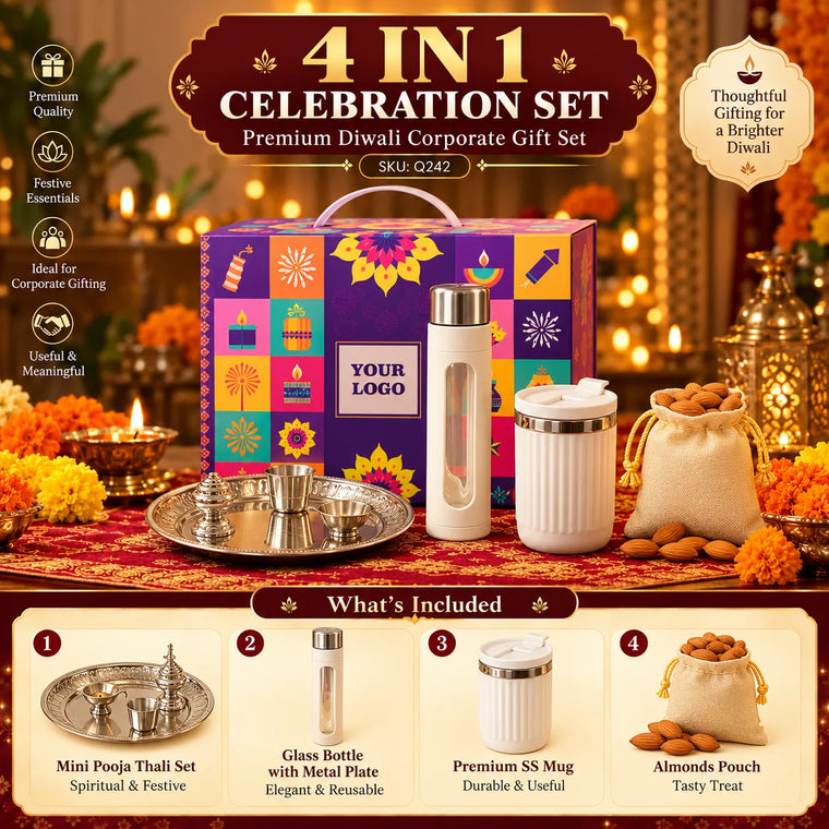 4-in-1 Custom Corporate Diwali Gift Set with Pooja Thali, Bottle & Mug