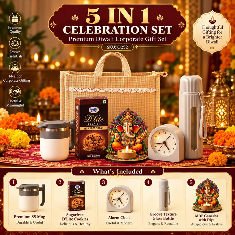 5-in-1 Custom Corporate Diwali Gift Set with Ganesha, Clock & Bottle
