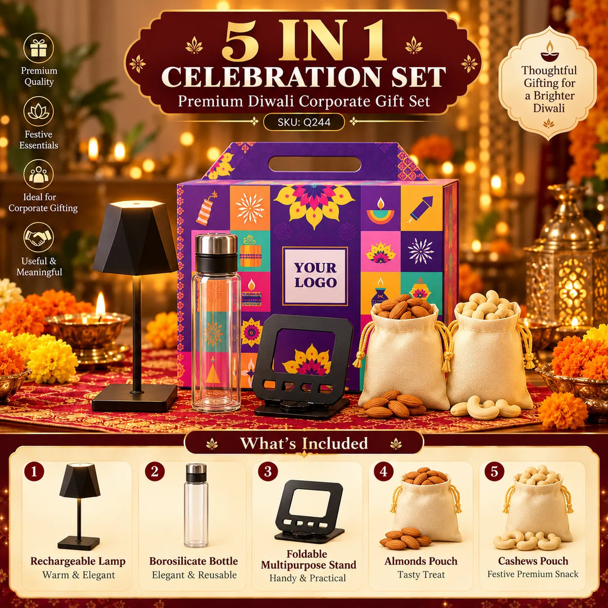 5-in-1 Custom Corporate Diwali Gift Set with Lamp, Bottle & Multipurpose Stand - custom corporate gifts by Printe5 - SKU Q244