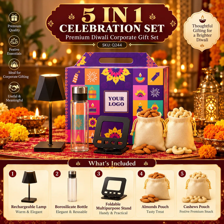 5-in-1 Custom Corporate Diwali Gift Set with Lamp, Bottle & Multipurpose Stand