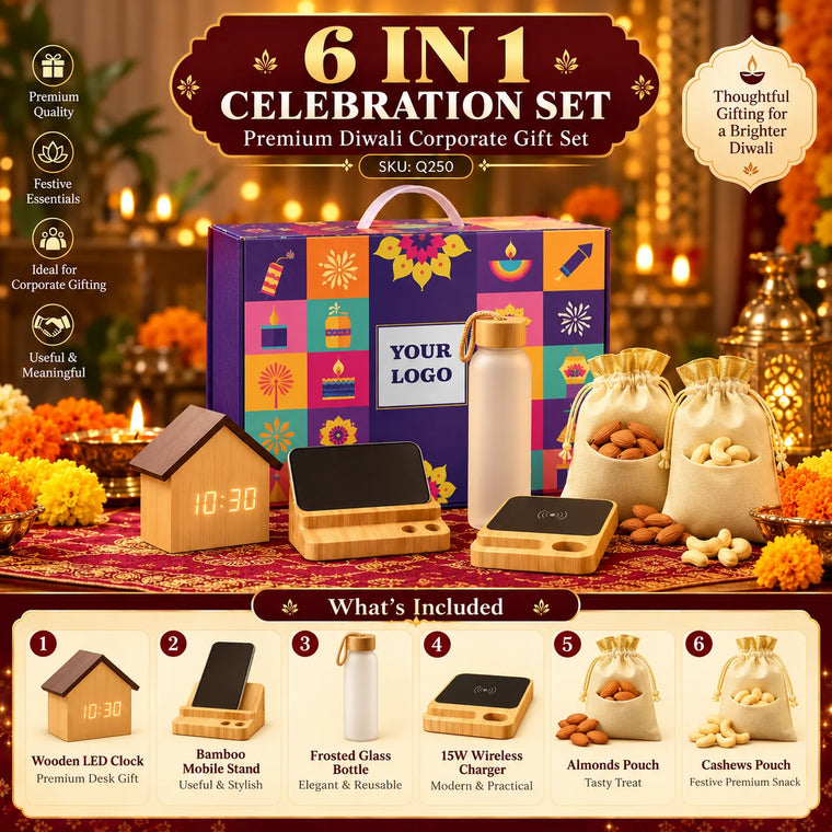 6-in-1 Custom Corporate Diwali Gift Set with Wireless Charger & Clock
