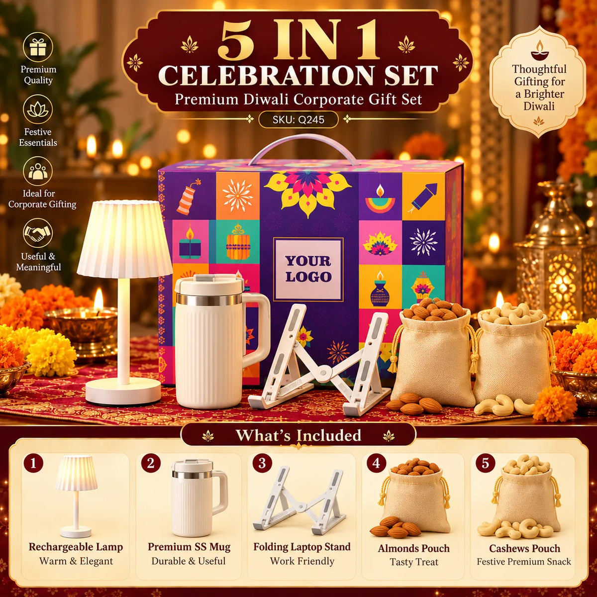 5-in-1 Custom Corporate Diwali Gift Set with Lamp, Mug & Laptop Stand - custom corporate gifts by Printe5 - SKU Q245