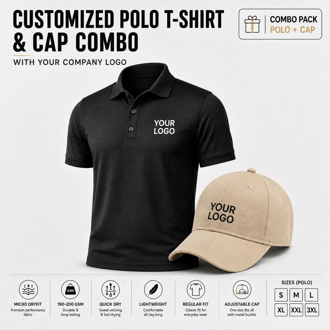 Customized black micro dryfit polo T-shirt and beige cap combo with company logo