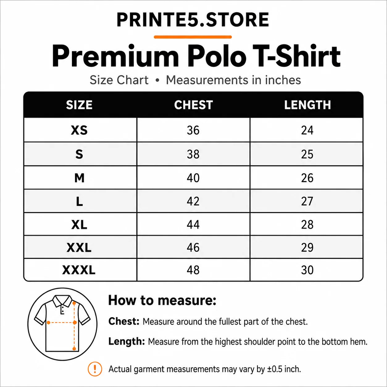 Custom Premium Polo T-Shirt with Pocket with Your Logo size guide