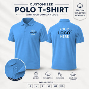 Sky Blue custom micro dryfit polo t-shirt with tipping - 190-200 gsm showing front and back logo placement