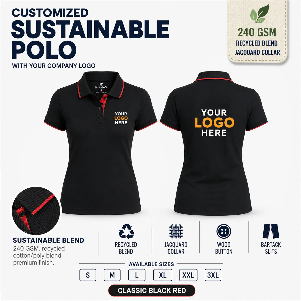 Women’s Custom Recycled Cotton Jacquard Polo T-Shirt – 240 GSM - Classic Black Red