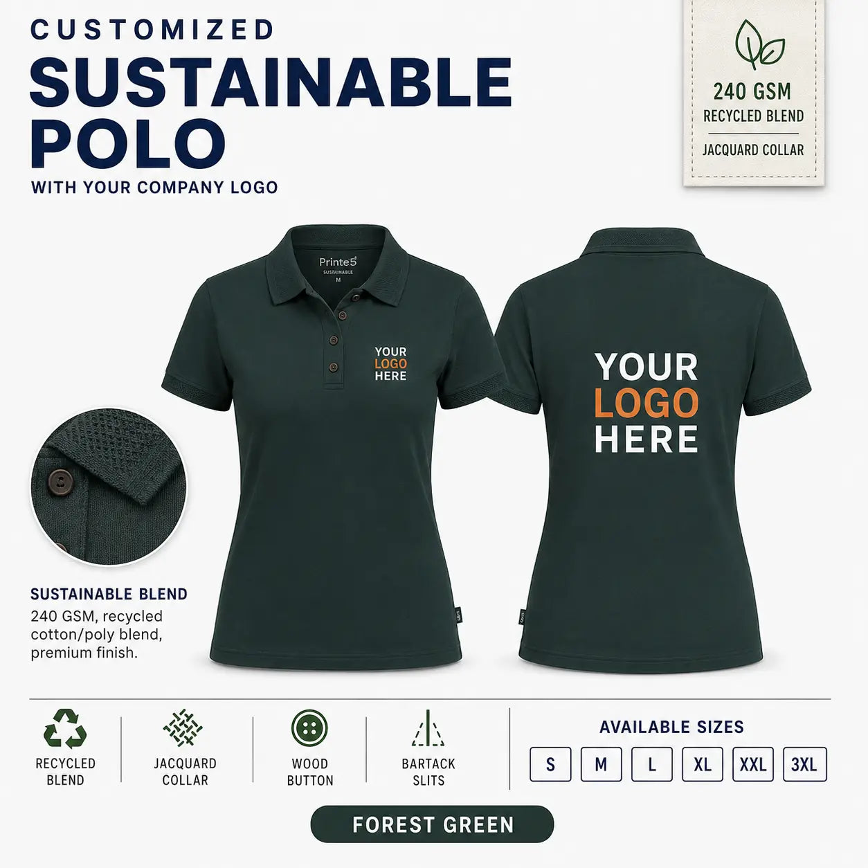 Women’s Custom Recycled Cotton Jacquard Polo T-Shirt – 240 GSM - Forest Green