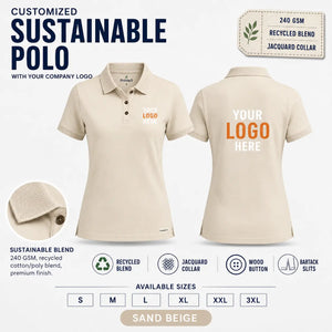 Women’s Custom Recycled Cotton Jacquard Polo T-Shirt – 240 GSM - Sand Beige