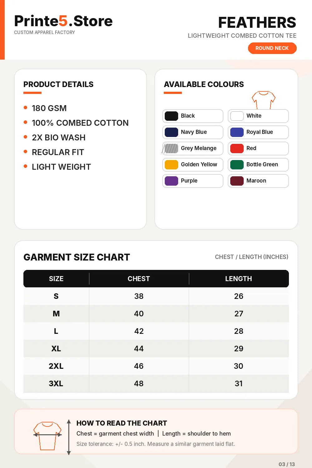Custom Premium Pima Cotton Crew Neck T-Shirt – 185 GSM size guide
